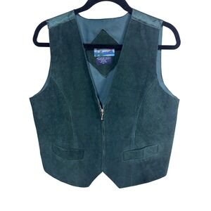 Vintage Shaver Lake‎ M Green Leather Vest Women's Zip Front Suede Boho Western